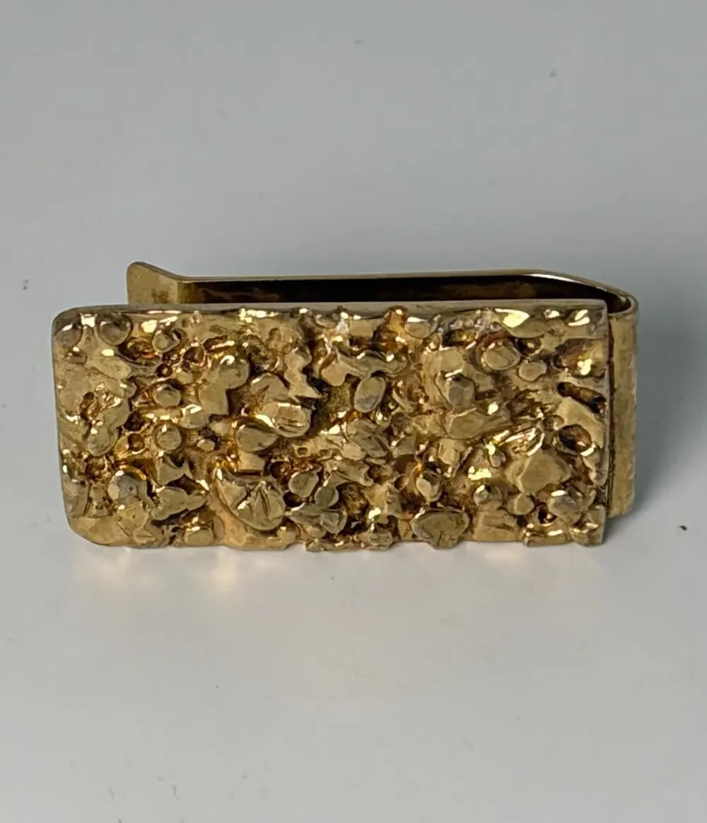 Gold Tone Nugget Brass Money Clip Textured Metal Vintage Design 1.75
